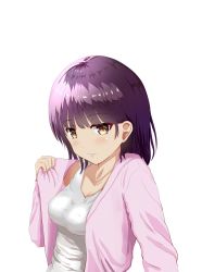 Rule 34 | 1girl, breasts, brown eyes, cardigan, cleavage, collarbone, covered erect nipples, highres, medium breasts, open cardigan, open clothes, original, parted lips, pink cardigan, purple hair, shirt, short hair, simple background, solo, upper body, white background, white shirt, zuki