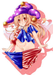 Rule 34 | 1girl, :o, american flag dress, american flag legwear, american flag shirt, bandaid, bandaid on pussy, blonde hair, blush, clothes pull, clownpiece, collar, fairy wings, frilled collar, frilled shirt collar, frills, hair between eyes, hat, jester cap, long hair, moura (kenyuugetu), no panties, pantyhose, pantyhose pull, polka dot, red eyes, shirt, short sleeves, solo, striped, touhou, very long hair, white background, wings
