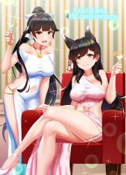 Rule 34 | 2girls, :d, alternate costume, animal ears, atago (azur lane), azur lane, bare arms, bare legs, bare shoulders, black hair, breasts, clothing cutout, cocktail dress, cocktail glass, cup, dress, drinking glass, high heels, highres, holding, kagiyama (clave), large breasts, crossed legs, long hair, looking at viewer, mole, mole under eye, multiple girls, navel, navel cutout, off-shoulder dress, off shoulder, open mouth, pelvic curtain, pink dress, ponytail, sideless outfit, sitting, smile, standing, takao (azur lane), taut clothes, taut dress, thighs, very long hair, white dress, yellow eyes
