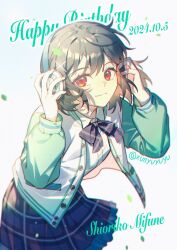 1girl adjusting_clothes adjusting_headwear bow bowtie character_name closed_mouth collared_shirt commentary dated green_hair green_jacket hair_between_eyes hair_ornament hands_up happy_birthday headphones highres jacket leaning_forward long_sleeves looking_at_viewer love_live! love_live!_nijigasaki_high_school_idol_club medium_hair mifune_shioriko multicolored_clothes multicolored_jacket open_clothes open_jacket plaid_clothes plaid_skirt purple_bow purple_bowtie purple_skirt red_eyes shirt skirt smile solo symbol-only_commentary twitter_username white_jacket white_shirt x_hair_ornament xunyu_(manyu)