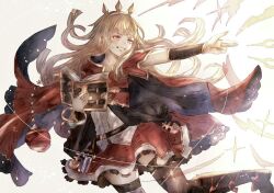 Rule 34 | 1girl, arm up, belt, black thighhighs, blonde hair, blunt bangs, book, boots, bracelet, breasts, cagliostro (granblue fantasy), cape, cowboy shot, fighting stance, finger gun, floating cape, floating clothes, floating hair, frilled skirt, frills, granblue fantasy, grin, hairband, holding, holding book, jewelry, knee boots, leg up, light, light particles, long hair, looking to the side, magic, muramitsu (d3jgv), open book, potion, purple eyes, red cape, shirt, sidelocks, skirt, small breasts, smile, smug, solo, spiked hairband, spikes, splatter, thighhighs, tiara, white background, white shirt