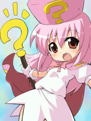 Rule 34 | 1girl, ?, ^^^, aikei, benesse, cape, fang, hat, hatena yousei, pink hair, pink hat, solo