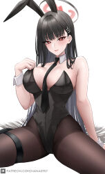 Rule 34 | 1girl, alternate costume, black hair, black leotard, blue archive, breasts, brown pantyhose, detached collar, expulse, halo, large breasts, leotard, long hair, looking at viewer, pantyhose, playboy bunny, red eyes, rio (blue archive), simple background, sitting, solo, white background