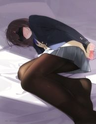 Rule 34 | 1girl, 2018, ama mitsuki, arms behind back, artist name, black pantyhose, blazer, blindfold, bound, bound wrists, brown hair, cardigan, chain, commentary request, feet, jacket, long sleeves, lying, no shoes, on bed, on side, original, pantyhose, pleated skirt, school uniform, skirt, solo, sunlight