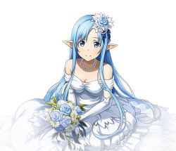 Rule 34 | 1girl, asuna (sao-alo), blue eyes, blue flower, blue hair, bouquet, breasts, cleavage, collarbone, dress, elbow gloves, flower, gloves, hair flower, hair ornament, holding, holding bouquet, jewelry, long hair, looking at viewer, medium breasts, necklace, pointy ears, sitting, sleeveless, sleeveless dress, smile, solo, sword art online, transparent background, very long hair, wedding dress, white dress, white flower, white gloves