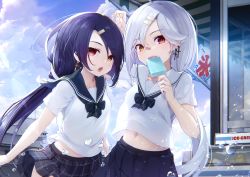 Rule 34 | 2girls, azur lane, bird, black hair, blue skirt, blue sky, cassin (azur lane), cassin (shopping carte blanche) (azur lane), cloud, collarbone, commentary request, cross, cross earrings, day, downes (azur lane), downes (part-time bomber) (azur lane), earrings, eorx, fang, hair ornament, hairclip, heterochromia, highres, ice cream bar, jewelry, long hair, looking at viewer, low ponytail, manjuu (azur lane), midriff peek, military, military vehicle, mole, mole under eye, multiple girls, navel, neck ribbon, official alternate costume, open mouth, outdoors, pleated skirt, red eyes, ribbon, sailor collar, school uniform, seagull, ship, shirt, short sleeves, siblings, sisters, skirt, sky, stomach, sunlight, sweat, swept bangs, warship, watercraft, white hair, white shirt, yellow eyes