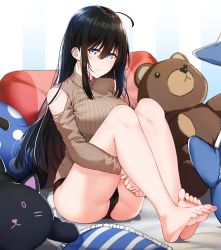 Rule 34 | 1girl, ahoge, bare legs, bare shoulders, barefoot, bed sheet, bishi (bishi), black hair, black panties, blue eyes, blush, brown sweater, cameltoe, closed mouth, clothing cutout, commentary request, cushion, feet, full body, hair between eyes, highres, knees up, legs, long hair, long sleeves, no pants, original, own hands together, panties, ribbed sweater, shoulder cutout, smile, solo, striped, striped background, stuffed animal, stuffed cat, stuffed toy, sweater, teddy bear, underwear, vertical stripes, very long hair