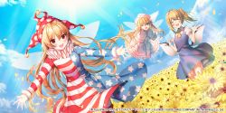 Rule 34 | 3girls, ;d, aile (crossroads), american flag dress, american flag legwear, blonde hair, blue eyes, blue skirt, blue vest, capelet, closed mouth, clownpiece, copyright notice, daiyousei, day, dress, fairy wings, floating hair, flower, flying, green hair, hat, highres, jester cap, lily white, long hair, long sleeves, looking at viewer, multiple girls, neck ruff, official art, one eye closed, open mouth, outdoors, pantyhose, polka dot, puffy short sleeves, puffy sleeves, red eyes, red headwear, shirt, short sleeves, side ponytail, skirt, skirt set, smile, star (symbol), striped, sunflower, sunlight, touhou, touhou lostword, very long hair, vest, white capelet, white dress, white shirt, wings
