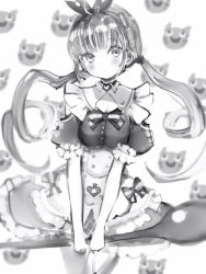 Rule 34 | 1girl, apron, blush, bow, bowtie, breasts, buttons, cleavage, closed mouth, double-breasted, greyscale, highres, hololive, looking at viewer, low twintails, minato aqua, minato aqua (aqua iro in wonder land), monochrome, nanashi (nlo), puffy short sleeves, puffy sleeves, short sleeves, solo, standing, twintails, virtual youtuber, waist apron