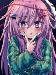 Rule 34 | 1girl, :o, black background, blush, bright pupils, colored eyelashes, commentary, dark, eyes visible through hair, green nails, green shirt, hair between eyes, hair ornament, hairclip, hand up, hata no kokoro, highres, kokoro day, long sleeves, looking at viewer, mask, mask on head, nail polish, open mouth, pink eyes, pink hair, plaid, plaid shirt, shirt, sidelocks, simple background, siw0n, solo, star (symbol), star hair ornament, touhou, tsurime, upper body, v, v over mouth, white pupils, wide sleeves