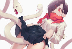 Rule 34 | 1girl, bad id, bad pixiv id, black hair, female focus, hair ornament, hair over one eye, hairclip, hiding, hiding behind another, highres, lifted by self, neg (101neg), original, pleated skirt, red eyes, scarf, short hair, simple background, skirt, slit pupils, snake, solo, standing, white background