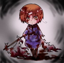 Rule 34 | 1boy, ahoge, axis powers hetalia, bandages, blood, blood on face, blood on hands, blood stain, boots, brown hair, chibi, flag, hetaoni, holding, looking at viewer, male focus, northern italy (hetalia), nurumin (suijin55), official style, short hair, sidelocks, solo, suijin55, white flag, yellow eyes