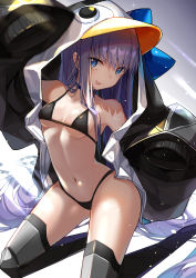 Rule 34 | 1girl, absurdly long hair, absurdres, armored boots, bikini, black bikini, blue eyes, boots, breasts, cleavage, collarbone, fate/grand order, fate (series), groin, highres, kneeling, kotatsu kaya, long hair, looking at viewer, meltryllis, meltryllis (fate), meltryllis (swimsuit lancer) (fate), meltryllis (swimsuit lancer) (first ascension) (fate), navel, purple hair, shiny skin, sideboob, small breasts, solo, swimsuit, thigh boots, thighhighs, tongue, tongue out, underboob, very long hair