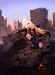Rule 34 | 1girl, absurdres, an-94 (girls&#039; frontline), blonde hair, blue sky, boots, building, covered mouth, day, fighting stance, girls&#039; frontline, gloves, gun, hair between eyes, hairband, highres, holding, holding gun, holding weapon, huqu, laser, laser pointer projection, laser sight, long hair, long sleeves, looking at viewer, mask, mouth mask, on one knee, outdoors, purple eyes, purple footwear, purple gloves, respirator, robot, ruins, short shorts, shorts, sky, skyscraper, smoke, smoking barrel, solo, weapon