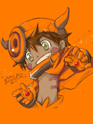 Rule 34 | 1boy, brown hair, chest tattoo, child, commentary request, dark-skinned male, dark skin, fake horns, green eyes, helmet, highres, horned helmet, horns, made in abyss, male focus, mechanical arms, niji papa, orange background, regu (made in abyss), simple background, smile, solo, tattoo, teeth, topless male, translation request