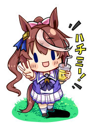 Rule 34 | 1girl, aged down, animal ears, bendy straw, blue eyes, blush stickers, bow, bowtie, brown footwear, brown hair, child, commentary request, cup, disposable cup, drinking straw, grass, hair between eyes, high ponytail, highres, holding, holding cup, honey, horse ears, horse girl, horse tail, horseshoe ornament, light brown hair, loafers, long hair, looking at viewer, middle w, multicolored hair, open mouth, pink bow, pleated skirt, puffy short sleeves, puffy sleeves, purple bow, purple bowtie, purple shirt, sailor collar, sailor shirt, school uniform, shadow, shirt, shoes, short sleeves, skirt, solid oval eyes, solo, streaked hair, summer uniform, tail, tokai teio (umamusume), tracen school uniform, two-tone hair, umamusume, very long hair, w, white sailor collar, white skirt, yunekoko