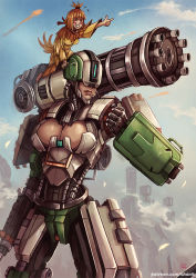 Rule 34 | 2girls, android, bastion (overwatch), blue sky, blush stickers, breasts, cleavage, cleavage cutout, clenched hand, clothing cutout, cloud, closed eyes, fire, ganymede (overwatch), gatling gun, genderswap, genderswap (mtf), giant, giantess, grin, humanization, kachima, large breasts, lips, minigun, multiple girls, overwatch, overwatch 1, personification, pointing, sky, smile, watermark, web address