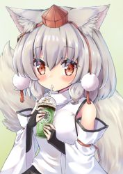 Rule 34 | 1girl, animal ear fluff, animal ears, arm belt, arms up, blush, bridal gauntlets, commentary request, cup, detached sleeves, disposable cup, drinking straw, gradient background, green background, hair between eyes, hat, holding, holding cup, inubashiri momiji, looking at viewer, onomiya, pom pom (clothes), red eyes, red hat, silver hair, simple background, solo, standing, tail, tokin hat, touhou, upper body, wolf ears, wolf tail
