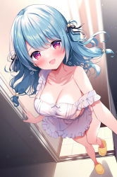 Rule 34 | 1girl, :d, apron, bare shoulders, black ribbon, blush, bow apron, breasts, collarbone, door, doorway, frilled apron, frills, green hair, hair ornament, hair ribbon, highres, hisagi (puchimaple), hoshino supika, large breasts, long hair, looking at viewer, masquerade channel, naked apron, open door, open mouth, opening door, original, pov doorway, purple apron, purple hair, red eyes, ribbon, sideboob, sidelocks, slippers, smile, solo, standing, standing on one leg, star (symbol), star hair ornament, strap slip, two side up, virtual youtuber
