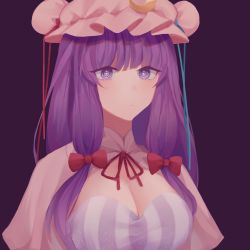 Rule 34 | 1girl, ariichurro, blue ribbon, blush, bow, bowtie, capelet, closed mouth, crescent, crescent hat ornament, double bun, dress, hair bow, hair bun, hat, hat ornament, hat ribbon, highres, long hair, looking at viewer, mob cap, patchouli knowledge, pink capelet, pink hat, purple background, purple dress, purple eyes, purple hair, red bow, red bowtie, red ribbon, ribbon, short sleeves, simple background, solo, striped clothes, striped dress, touhou, upper body
