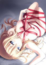 Rule 34 | 10s, 1girl, bismarck (kancolle), blonde hair, blue eyes, breasts, groin, hair between eyes, kantai collection, large breasts, long hair, looking at viewer, mimelex, naked ribbon, perspective, red ribbon, ribbon, skindentation, smile, solo, untying, upside-down