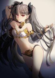 Rule 34 | 1girl, absurdres, arm up, arm warmers, armlet, asymmetrical legwear, asymmetrical sleeves, bare shoulders, black hair, breasts, detached sleeves, earrings, elbow gloves, fate/grand order, fate (series), gloves, hair ribbon, hand in own hair, highres, hoop earrings, ishtar (fate), jewelry, long hair, looking at viewer, medium breasts, navel, neck ring, parted bangs, red eyes, ribbon, shengyuan 03, single arm warmer, single detached sleeve, single elbow glove, single thighhigh, solo, thighhighs, tiara, two side up, uneven legwear, uneven sleeves
