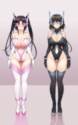 Rule 34 | 2girls, absurdres, bare shoulders, black bodysuit, black gloves, black hair, black legwear, black vs white, bodysuit, boots, breasts, cleavage, detached sleeves, elbow gloves, female focus, full body, gloves, headgear, high school dxd, highleg, highres, infinite stratos, large breasts, long hair, looking at viewer, multiple girls, navel, ninai, no bra, no panties, orange eyes, orimura chifuyu, red eyes, revealing clothes, serafall leviathan, short hair, smile, standing, thighhighs, twintails, white bodysuit, white gloves, white legwear