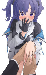Rule 34 | 1boy, 1girl, absurdres, blue archive, blue necktie, blush, collared shirt, commentary, covering own mouth, formal, gloves, half gloves, hand over own mouth, highres, id card, jacket, jewelry, marriage proposal, namiyamako, necktie, off shoulder, open clothes, open jacket, open mouth, ornate ring, pov, purple eyes, purple hair, putting on jewelry, ring, sensei (blue archive), shirt, simple background, suit, surprised, two-sided fabric, two-sided jacket, two side up, wedding ring, white background, white shirt, yuuka (blue archive)