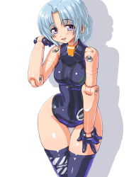 Rule 34 | 10s, 1girl, bad id, bad pixiv id, bare shoulders, blue hair, blue thighhighs, blush, braid, busou shinki, dd (ijigendd), doll joints, fort bragg, fort bragg dusk, gloves, hip focus, joints, open mouth, purple eyes, shadow, short hair, single braid, smile, solo, thigh gap, thighhighs, thighs, wide hips