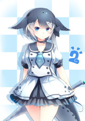Rule 34 | 1girl, absurdres, anchor symbol, black bow, black hair, black skirt, blue eyes, blue necktie, blush, bow, breasts, checkered background, closed mouth, collarbone, grey hair, hair bow, highres, holding, holding weapon, japari symbol, kanzakietc, kemono friends, long hair, looking at viewer, medium breasts, multicolored hair, narwhal (kemono friends), necktie, ponytail, short hair, side ponytail, simple background, skirt, solo, standing, weapon