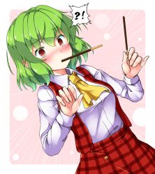 Rule 34 | !?, 1girl, aka tawashi, ascot, blush, border, breasts, commentary request, dutch angle, food, food in mouth, green hair, hands up, highres, holding, holding food, holding pocky, kazami yuuka, medium breasts, nose blush, pink background, plaid, plaid skirt, plaid vest, pocky, red eyes, red skirt, red vest, shirt, short hair, simple background, skirt, solo, touhou, upper body, vest, white border, white shirt, yellow ascot
