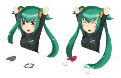Rule 34 | 1girl, :d, puff of air, \o/, ^ ^, absurdres, arms up, bell, black jacket, chibi, closed eyes, cui yifei, closed eyes, green eyes, green hair, hair bell, hair ornament, highres, jacket, light blush, long hair, long sleeves, meme, muv-luv, muv-luv alternative, muv-luv total eclipse, nanabankarasu, open mouth, outstretched arms, retweet (meme), short twintails, sketch, smile, twintails, upper body, white background, |d
