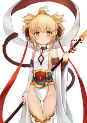 Rule 34 | 10s, 1girl, 3.14, andira (granblue fantasy), animal ears, blonde hair, closed mouth, cowboy shot, detached sleeves, erune, gluteal fold, granblue fantasy, highleg, highleg leotard, holding, holding staff, leotard, looking at viewer, monkey ears, monkey tail, sash, shawl, short hair, simple background, solo, staff, standing, tail, thigh gap, thighs, white background, wide sleeves, yellow eyes