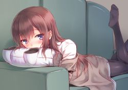 Rule 34 | 1girl, bad id, bad pixiv id, black pantyhose, blue eyes, blush, brown hair, couch, covering own mouth, feet, hiten (hitenkei), hug, hugging object, jacket, long hair, looking at viewer, lying, makise kurisu, no shoes, on stomach, pantyhose, pillow, pillow hug, purple eyes, solo, steins;gate, white theme