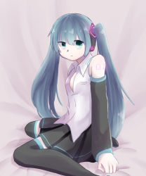 Rule 34 | 1girl, aqua eyes, arm support, bare shoulders, black skirt, black thighhighs, blonde hair, closed mouth, collared shirt, commentary request, detached sleeves, dress shirt, expressionless, full body, green eyes, grey shirt, hair between eyes, hatsune miku, highres, looking to the side, necktie, unworn necktie, unworn neckwear, number tattoo, open clothes, open shirt, pleated skirt, shirt, shoulder tattoo, sitting, skirt, sleeveless, sleeveless shirt, solo, tattoo, thighhighs, twintails, vocaloid, yu rua, zettai ryouiki