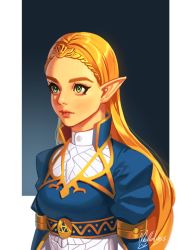 Rule 34 | 1girl, blonde hair, blue shirt, closed mouth, commentary, english commentary, green eyes, high collar, long hair, mella, nintendo, pointy ears, princess zelda, puffy sleeves, red lips, shirt, solo, the legend of zelda, the legend of zelda: breath of the wild, tiara, white shirt