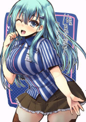 Rule 34 | 10s, 1girl, aqua eyes, aqua hair, blue eyes, blush, breasts, brown thighhighs, employee uniform, hair ornament, hairclip, hand in own hair, head tilt, kantai collection, large breasts, lawson, long hair, looking at viewer, name tag, shinshin, shirt, short sleeves, simple background, solo, standing, striped clothes, striped shirt, suzuya (kancolle), text focus, thighhighs, translation request, uniform, vertical-striped clothes, vertical-striped shirt, very long hair, white background, zettai ryouiki