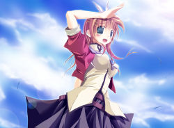 Rule 34 | 1girl, :d, arm up, blue eyes, blue skirt, blue sky, blush, breasts, cloud, cowboy shot, day, looking at viewer, open mouth, outdoors, pink hair, pleated skirt, puffy short sleeves, puffy sleeves, salute, shippo danshaku, short hair, short sleeves, skirt, sky, smile, solo
