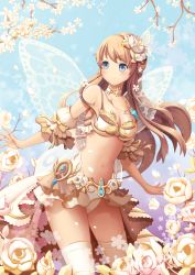 Rule 34 | 1girl, absurdres, artist request, bikini, blonde hair, blue eyes, bow, breasts, bug, butterfly, butterfly wings, cherry blossoms, choker, cleavage, dress, fairy, fairy wings, female focus, flower, hair flower, hair ornament, highres, insect, insect wings, jewelry, large breasts, lingerie, long hair, looking at viewer, midriff, navel, necklace, panties, skirt, sky, smile, solo, swimsuit, thighhighs, tree, underwear, upskirt, wings, yellow bikini, yellow dress, yellow panties