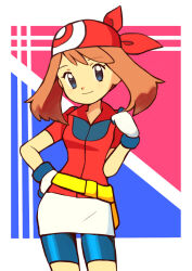 Rule 34 | 1girl, bandana, bike shorts, blue eyes, breasts, brown hair, cleavage, closed mouth, collared shirt, commentary request, cowboy shot, creatures (company), curvy, eyelashes, fanny pack, female focus, game freak, gloves, hand on own hip, hand up, highres, kyanos (b 0000ff), looking at viewer, may (pokemon), medium breasts, medium hair, nintendo, pokemon, pokemon (anime), pokemon rse (anime), red bandana, red shirt, shirt, short sleeves, skirt, smile, solo, white gloves, white skirt, yellow bag