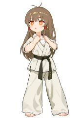 Rule 34 | 1girl, absurdres, barefoot, belt, black belt, bright pupils, brown hair, chinese commentary, commentary request, dougi, full body, highres, kuma-bound, long hair, looking up, martial arts belt, open mouth, orange eyes, original, pants, sidelocks, simple background, solo, standing, toes, white background, white pants, white pupils