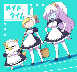 Rule 34 | 2girls, adventure time, alternate costume, animal ears, animal hood, apron, black dress, black footwear, blonde hair, breasts, bucket, cake (adventure time), cat, collared dress, crossed arms, d:, dress, elbow gloves, enmaided, eyebrows, fangs, fionna the human girl, frown, genderswap, genderswap (ftm), gloves, hair between eyes, hands on own hips, high ponytail, holding, holding bucket, hood, ice queen (adventure time), large breasts, legs apart, long hair, maid, maid apron, maid headdress, mary janes, medium breasts, mop, multiple girls, nollety, open mouth, over shoulder, puffy short sleeves, puffy sleeves, rabbit ears, rabbit hood, shoes, short sleeves, solid oval eyes, standing, thighhighs, white apron, white gloves, white hair, zettai ryouiki