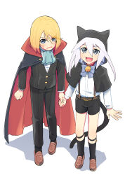 Rule 34 | 2boys, animal ears, animal hood, aqua ascot, azuma yukihiko, bell, black cape, black headwear, black shorts, blonde hair, blue eyes, cape, cat boy, cat ears, cat hood, cat tail, child, fang, genius sage, highres, hood, jingle bell, long sleeves, looking at another, looking at viewer, male focus, medium hair, mithos yggdrasill, multiple boys, open mouth, shorts, tail, tales of (series), tales of symphonia, two-sided cape, two-sided fabric, vampire costume, white hair, yaoi