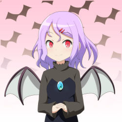 Rule 34 | 1girl, alternate costume, bat background, bat wings, cato (monocatienus), commentary, dress, fang, fang out, gradient background, hair ornament, hairclip, highres, interlocked fingers, long sleeves, medium hair, own hands together, pink background, purple hair, red eyes, remilia scarlet, simple background, sleeves past wrists, smile, solo, touhou, upper body, wings