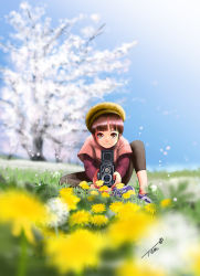 Rule 34 | 1girl, absurdres, blue sky, blurry, blurry background, blurry foreground, brown eyes, brown pants, camera, chutohampa, dandelion, depth of field, flower, grass, highres, layered sleeves, long sleeves, looking at viewer, original, outdoors, pants, pink shirt, plant, purple footwear, shirt, short over long sleeves, short sleeves, sky, smile, solo, yellow flower, yellow headwear