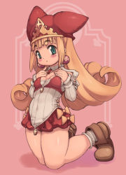 Rule 34 | 1girl, blonde hair, blush, boots, bow, earrings, covered erect nipples, flat chest, flipped hair, green eyes, hat, jewelry, kneeling, little princess, marl kingdom, nipples, official style, pink background, plump, princess kururu, solo, thick thighs, thighs, yu 3