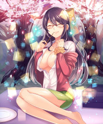 Rule 34 | 1girl, barefoot, black hair, breasts, cherry blossoms, cleavage, closed eyes, glasses, hanami, highres, long hair, official art, open clothes, open shirt, senjou no electro girl, shina shina, shirt, solo, tree
