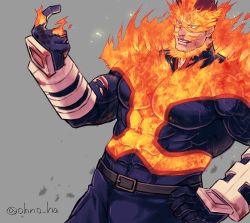 Rule 34 | 1boy, bara, beard, beckoning, blood, blue bodysuit, blue eyes, bodysuit, boku no hero academia, bulge, covered abs, covered navel, dutch angle, endeavor (boku no hero academia), facial hair, fiery hair, fire, hand on own hip, index finger raised, large pectorals, looking to the side, male focus, mature male, muscular, muscular male, ono (ohno ha), pectorals, red hair, scar, scar across eye, scar on face, short hair, sideburns, smile, solo, spiked hair, thick thighs, thighs, torn bodysuit, torn clothes