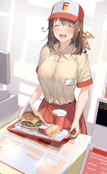 Rule 34 | 1girl, :d, baseball cap, brand name imitation, breasts, brown hair, brown shirt, burger, cash register, closed eyes, collared shirt, cup, disposable cup, employee uniform, fast food uniform, food, french fries, hat, highres, holding, holding tray, large breasts, logo, long hair, menu, name tag, napkin, open mouth, pallad, red hat, red skirt, shirt, shirt tucked in, short sleeves, skirt, smile, solo, teeth, tray, two-tone headwear, uni create, uniform, upper teeth only, virtual youtuber, white hat, zutsuki tsukuru