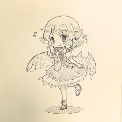Rule 34 | 1girl, animal ears, arinu, bird ears, bird wings, blush, check commentary, chibi, closed mouth, commentary request, digital media player, dress, earrings, eighth note, feathered wings, frilled sleeves, frills, full body, holding, holding digital media player, jewelry, monochrome, musical note, mystia lorelei, puffy short sleeves, puffy sleeves, sandals, short hair, short sleeves, single earring, smile, solo, touhou, traditional media, wings